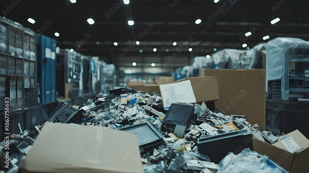 Poster sorting e-waste, separating recyclables and removing hazardous materials in a tech recycling facilit