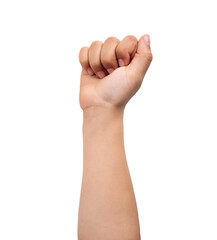 Isolated image of a child with fist up on a white background