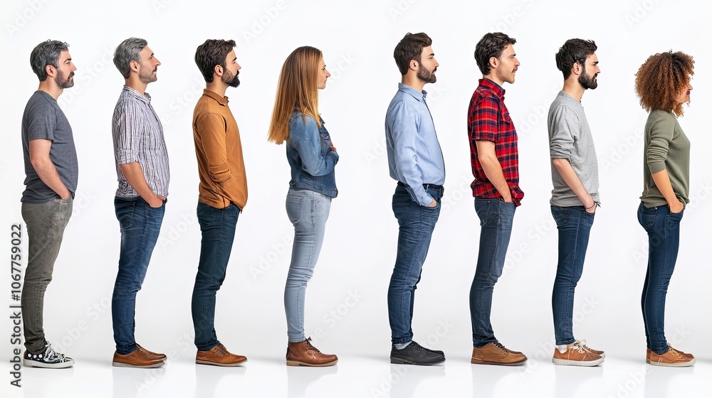 Poster groups of individuals waiting in line in a neutral environment generative ai