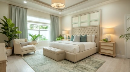 Modern Beige and Green Bedroom Interior Design with Large Bed and Accent Chair