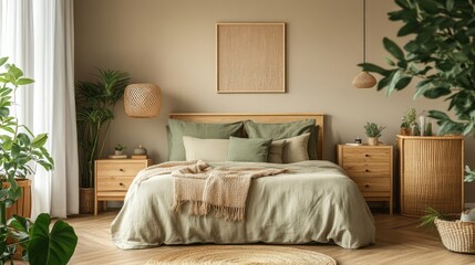 Cozy Bedroom Interior with Green Bedding, Wooden Furniture, and Natural Elements