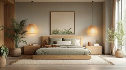 Modern Minimalist Bedroom with Wooden Bed and Natural Elements