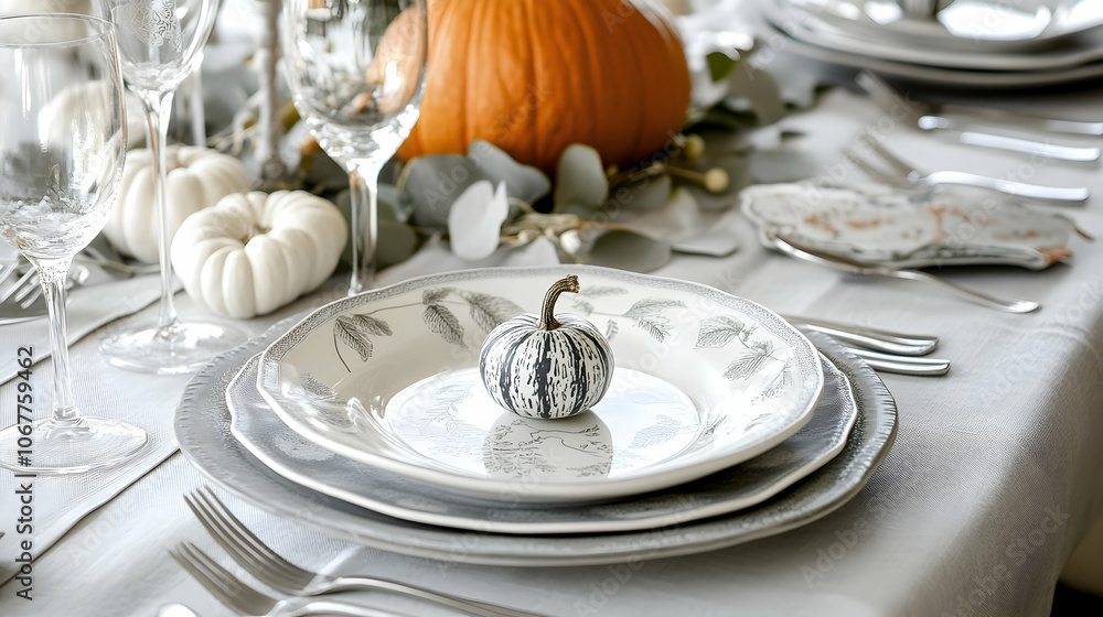 Poster white and gray table runner with a single tiny gourd as decor, neat and balanced layout -