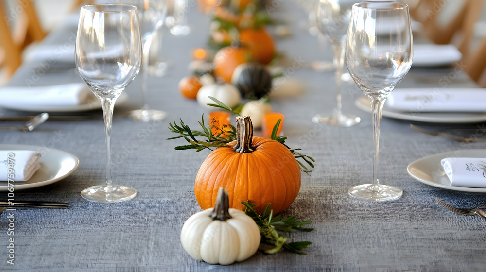 Poster white and gray table runner with a single tiny gourd as decor, neat and balanced layout -