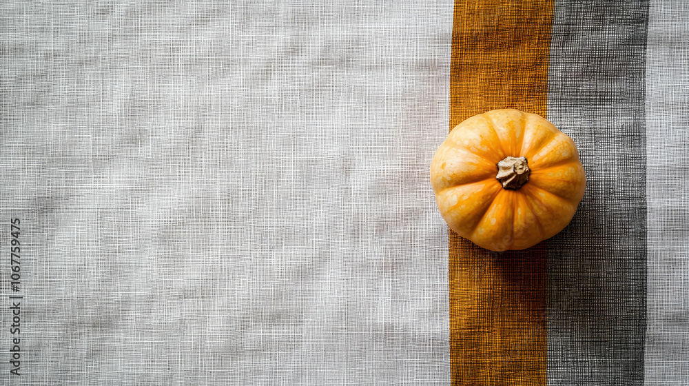 Poster white and gray table runner with a single tiny gourd as decor, neat and balanced layout -