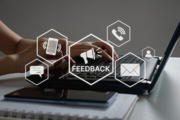 Feedback concept. Person comment rating of company online, writing review diagram, reputation...