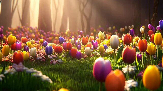 A field of colorful tulips blooms in the sunlight of a spring forest