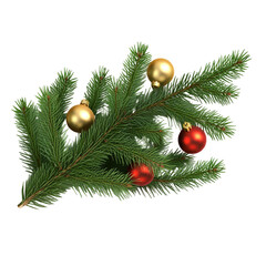 Fototapeta premium A festive Christmas tree branch decorated with red and gold ornaments, isolated on a transparent background, ideal for holiday decor and seasonal designs