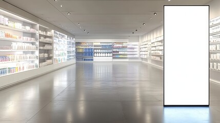Pharmacy Interior With Blank Digital Ad Banner. Place For Mockup, Template, Copy Space