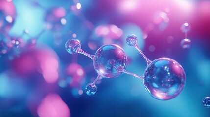 Vibrant molecular structure in pink and blue tones, symbolizing connection and chemistry on a cosmic background.