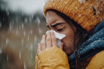 Woman sneezing into tissue while observing rainy autumn weather  a look at seasonal allergies