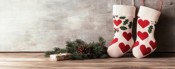 Romantic holiday socks with hearts and mistletoe, set beside a Christmas stocking on a rustic floor