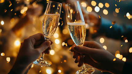 シャンパンとクラッカー、紙吹雪に包まれた若者たちの歓喜の瞬間、カウントダウンパーティー