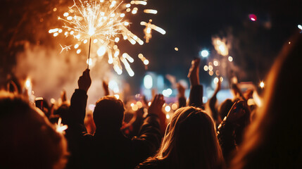 シャンパンとクラッカー、紙吹雪に包まれた若者たちの歓喜の瞬間、カウントダウンパーティー