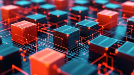 A vibrant, close-up view of interconnected microchips and circuits, showcasing a futuristic technological environment.