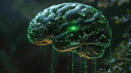A silhouette of a human brain illuminated with augmented digital elements in a futuristic setting