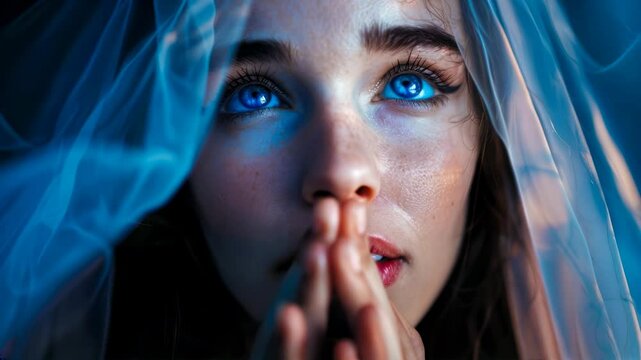 Devout Christian lady woman praying to Jesus Christ in church