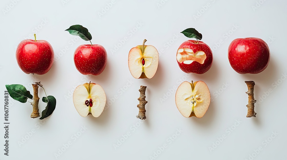 Aufkleber fresh red apples displayed with cut sections and natural stems generative ai
