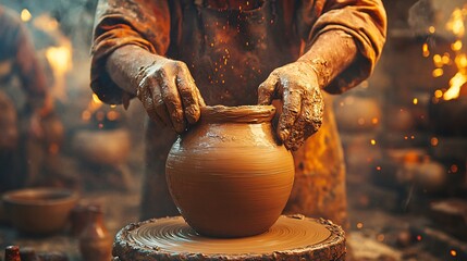 Artisanal pottery workshop, potter at wheel