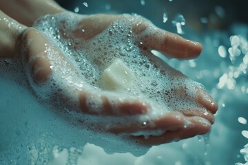 Fototapeta premium Close up of hands washing with soap and water in a bathroom capturing hygiene in cinematic detail
