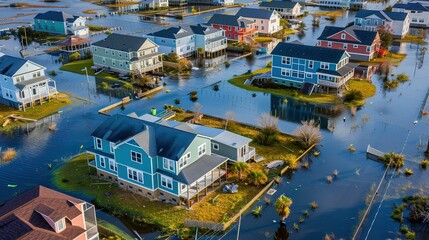 Aerial View of Flooded Homes in a Coastal Community