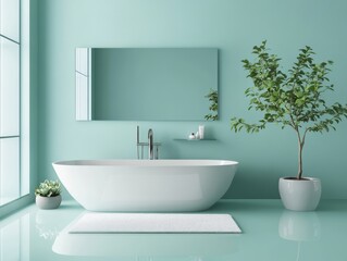 Minimalist Bathroom with White Freestanding Tub and Green Plants