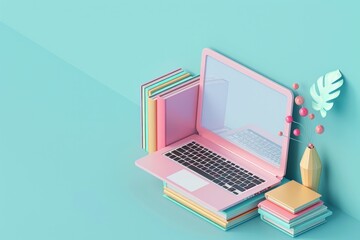 laptop, books, stationery, pastel colors, creative workspace with a pink laptop and colorful books, emphasizing education and creativity in a minimalistic setting