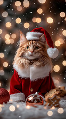 Xmas vibes - christmas mood - happy funny cute mainecoon cat wearing santa claus hat in front of...