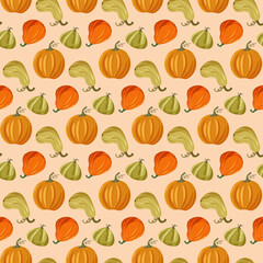 Patterns with different varieties of pumpkins. Autumn harvest. For use in packaging design, wrapping paper, fabric prints, clothing, illustrations and leaflets, covers and brochures, cafe menus