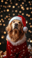 Xmas vibes - christmas mood - happy funny cute golden retriever dog wearing santa claus hat in...