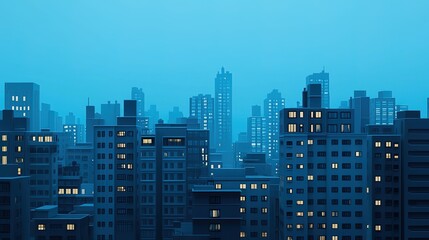 A city skyline at dusk, featuring tall buildings illuminated by warm lights against a cool blue background.