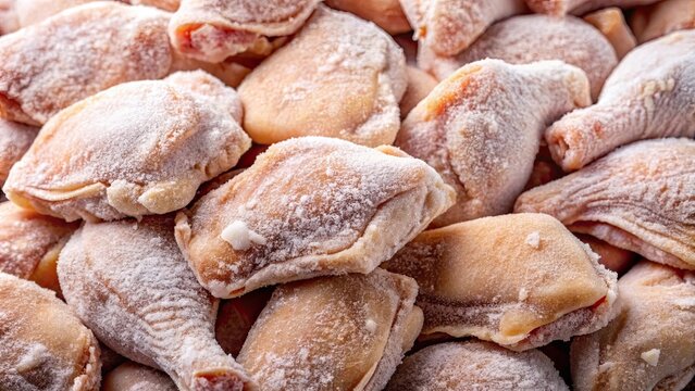 Closeup of frozen chicken pieces covered in frost, frozen, chicken, closeup, raw, poultry, meat, ice, frost