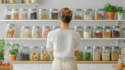 A person organising a pantry, carefully arranging neatly labeled jars, creating an orderly and efficient space filled with neatly stored goods