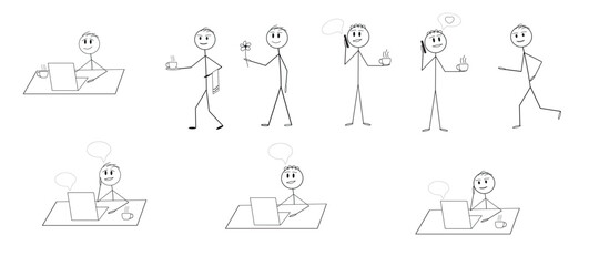 a set of pictograms of a human figure in different poses, a stick, a man at a table with a laptop, a man walking. standing, running, emotions, communication