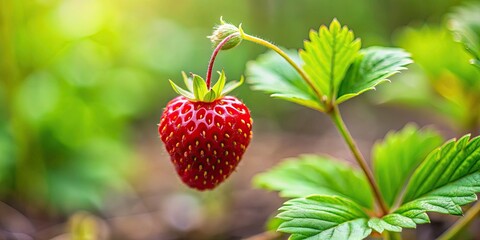 Close-up of a small wild forest strawberry, a delicious fruit, wild, forest, strawberry, delicious, fruit, red, ripe, small, sweet