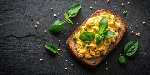 Toasted bread with scrambled eggs and basil on black background, top view , food, breakfast, delicious, toast, savory, homemade