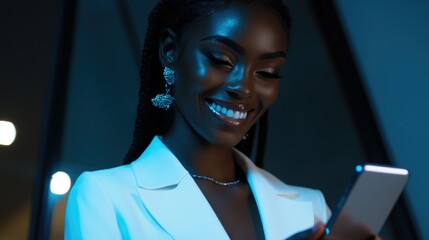 Smiling Woman Using Phone in Low Light