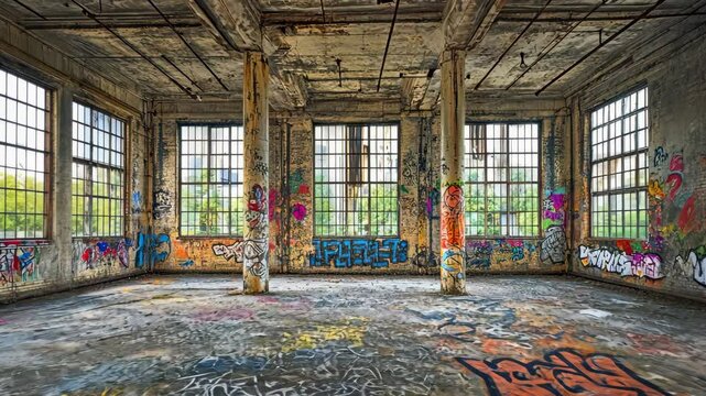 An abandoned factory building in New York City covered in graffiti