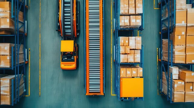 An aerial view of a warehouse with automated conveyor systems and forklifts moving inventory efficiently