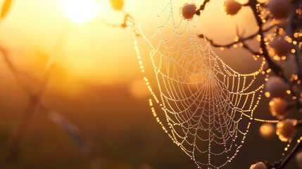 Dew-Covered Spider Web at Sunrise