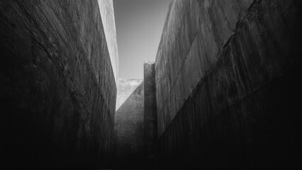generative ai, Dark, dramatic black-and-white architectural photograph of towering concrete walls with minimal light and sharp geometric contrasts