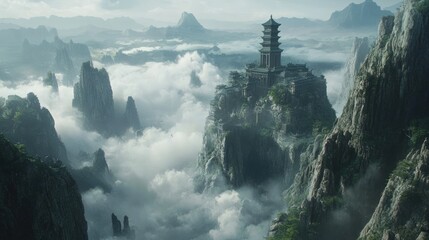 Fototapeta premium A majestic temple perched atop a misty mountain peak, surrounded by towering cliffs and a sea of clouds.
