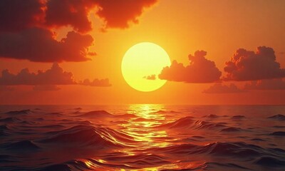 Dramatic sunset over ocean vibrant orange sky giant