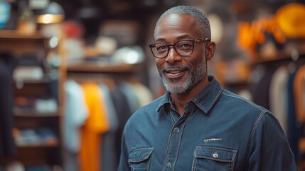 Fototapeta premium A smiling middle-aged Black man displays clothing at a store during the day