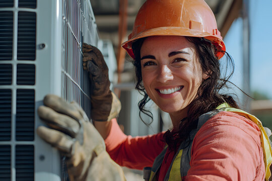 An attractive female HVAC technician confidently working on a system, showcasing skill and professionalism while handling equipment with expertise and focus