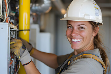 An attractive female HVAC technician confidently working on a system, showcasing skill and professionalism while handling equipment with expertise and focus
