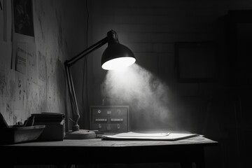 Illuminated desk lamp casting light on a dusty workspace filled with creative potential