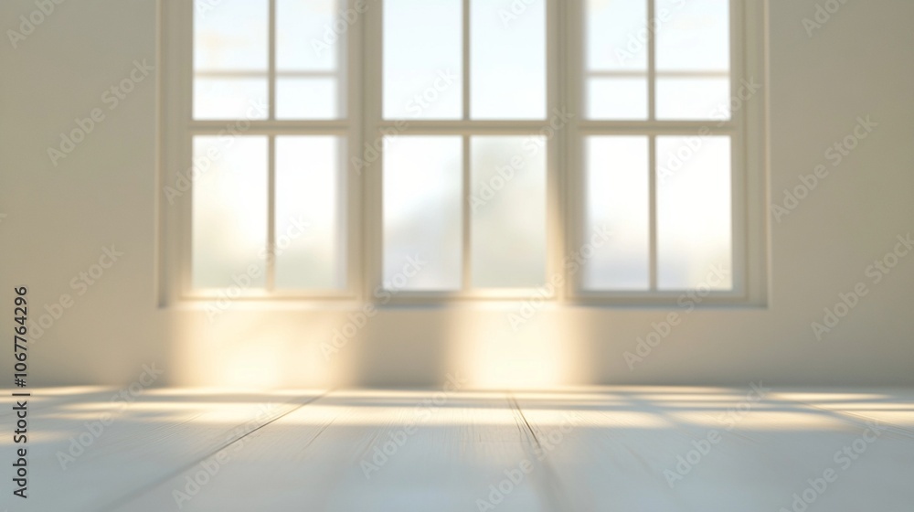 Poster sunlight streams through large windows, casting geometric shadows on a pristine white floor, creatin