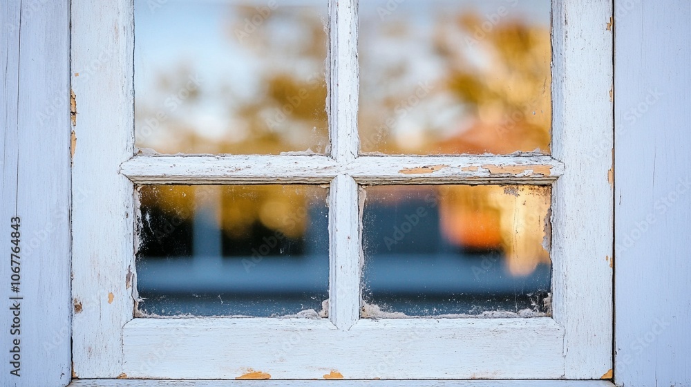 Poster weathered white window frame with frosted panes reflecting autumn colors outside, creating a nostalg
