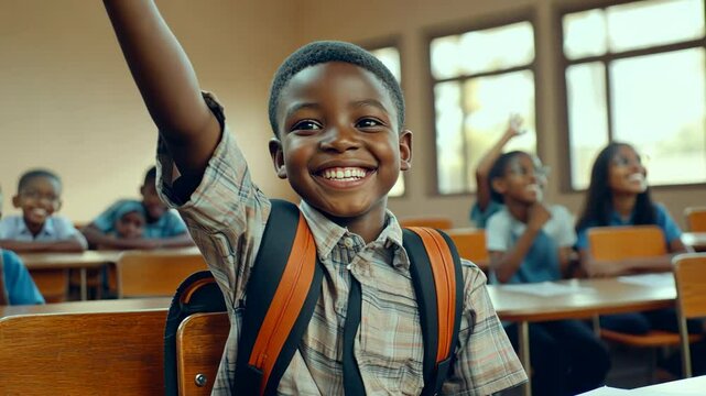A young boy smiles as he raises his hand in a classroom